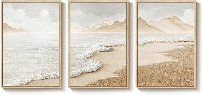 Framed Boho Abstract Beach Wall Art for Living Room, Large Neutral Coastal Canvas Prints Artwork for Walls, Set of 3 Piece Modern Minimalist Ocean Picture Print for Hallway Office Wall Decor, 24x36 In