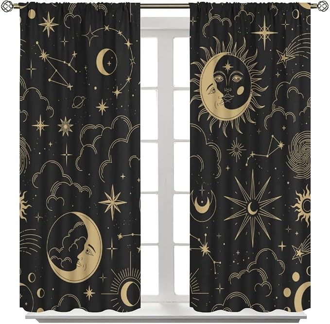 Sun Moon Blackout Curtains, Bohemian Art Theme Sky Sun Moon Gold Print Rod Pocket Window Treatment Drapes for Bedroom Living Room 42" W X 63" L