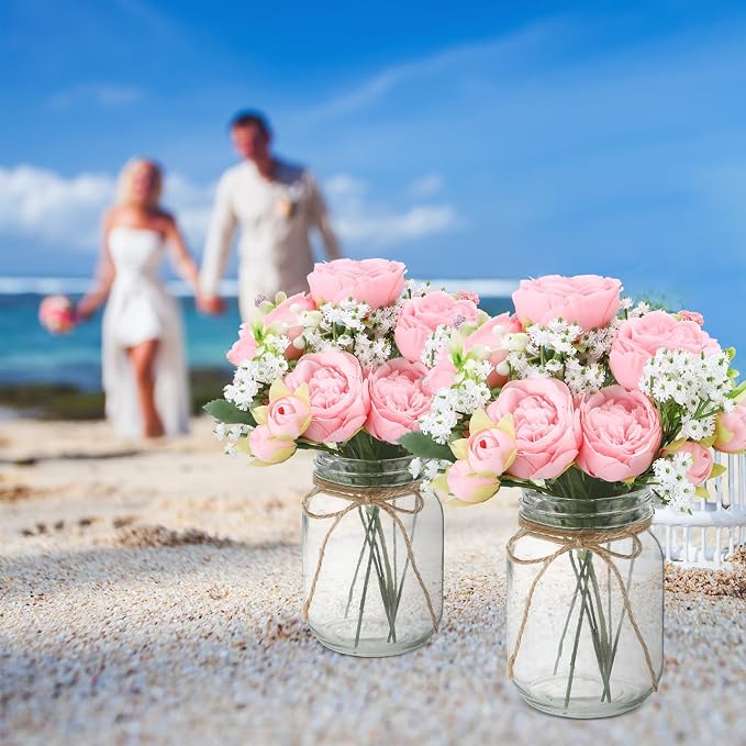 Zeyune 6 Sets Mason Jar Centerpiece Table Decorations, Artificial Peony Baby's Breath Flower Bouquets, Faux Flowers with Vase, Rustic Decor Gifts for Home, Wedding, Holiday (Light Pink)