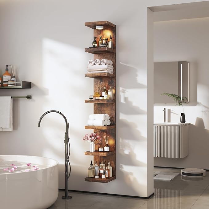 7-Tier Wall Shelf Unit with USB Rechargeable Led Light (Remote Controlled),Versatile Floating Display Shelves,Lack Style Wall Shelves for Bedroom,Living Room,Office Decor,Vanity-Rustic Brown