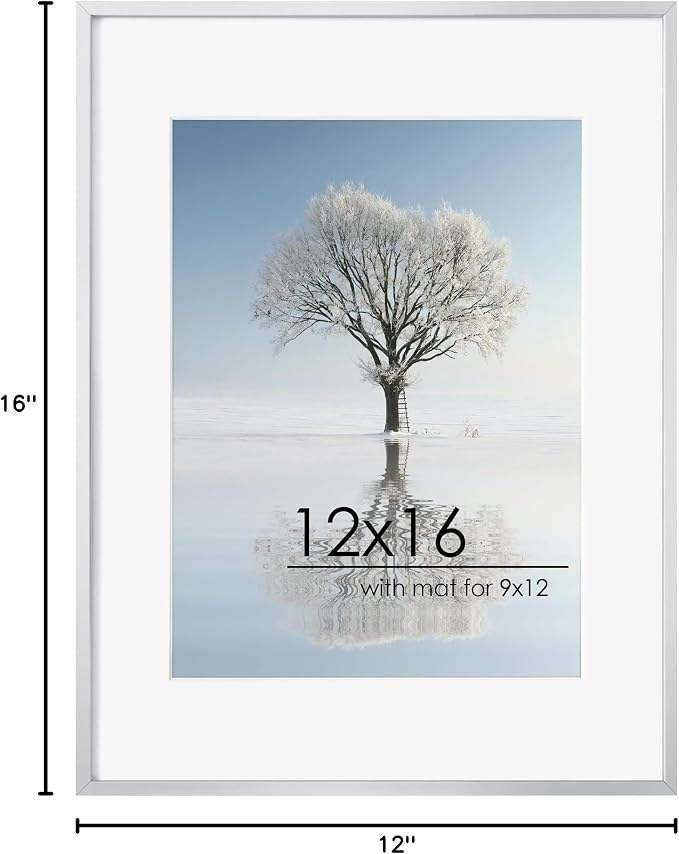 FLYJOE 12x16 Metal Picture Frame for Wall With Mat for 9x12, 12''x16'' Aluminum Certificate Document Frames With Plexiglass, Minimalist Modern Poster Frame Horizontally And Vertically, Silver