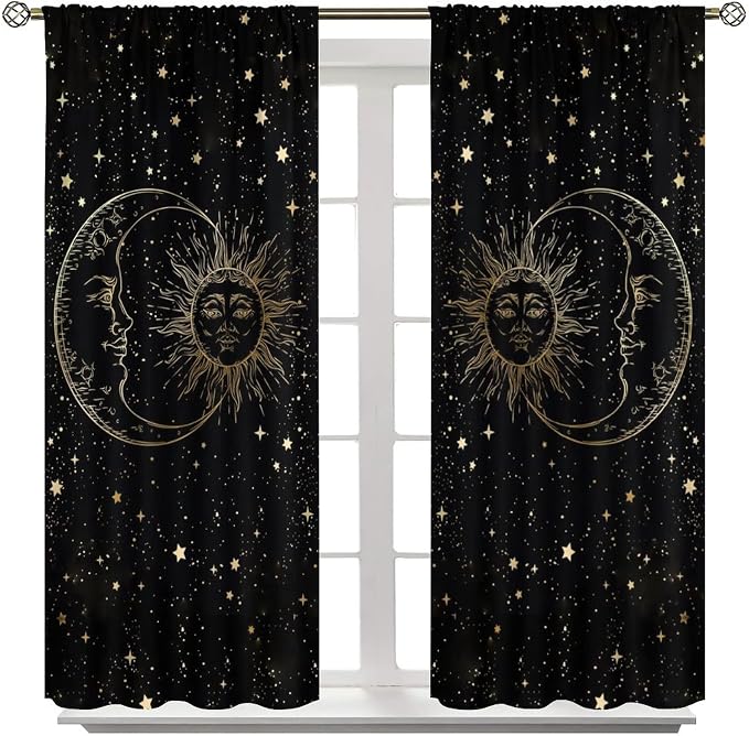 Sun Moon Blackout Windows Curtains, Golden Sun Moon and Stars Black Sky on Bohemian Style Curtains, for Living Room Bedroom 84x84in 2 Panels