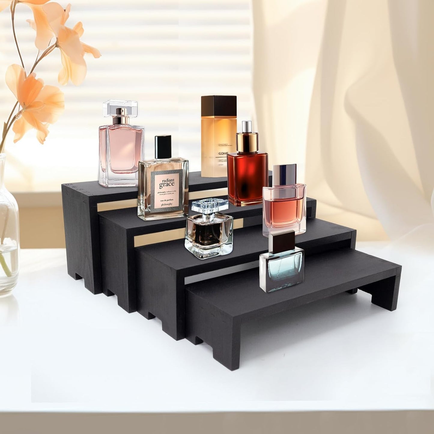 Large Display Wood Risers Wooden Stand 8 Tier Wood Racks Decorative Rectangular, 2 Set 8 Piece Cupcake Stands Cologne Perfume Organizer Dessert Showcase Items(black)