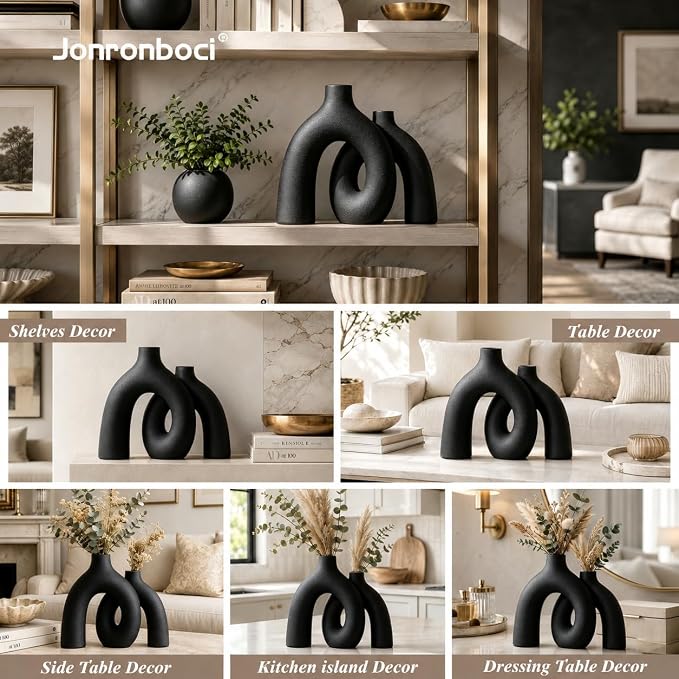 Matte Black Vase Set - Hug Hollow Donut Aesthetic Ceramic Vases Home Decor, Modern Nordic Minimalist Decorative Vase for Table Centerpiece Bookshelf Office Entryway Console Fireplace (Black)