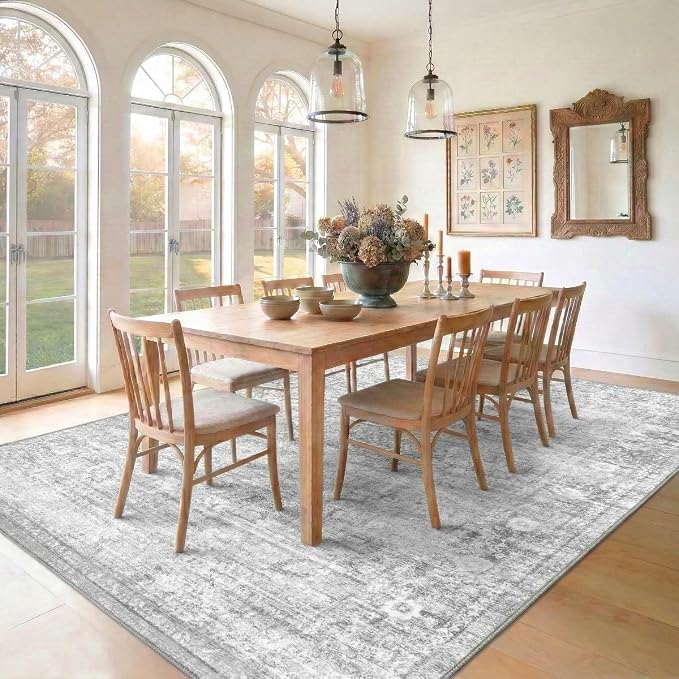 Homemate Washable Rug 9x12 Area Rugs - Vintage Faux Wool Rugs for Living Room Bedroom Dining Room - Non Slip Foldable Carpet Indoor Area Rug for Home Decor(9'x12', Grey