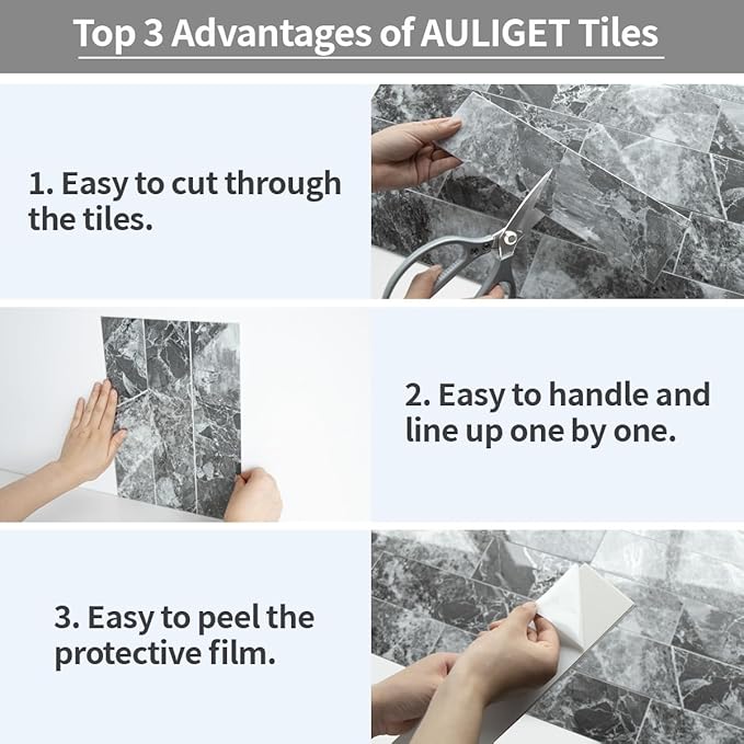 AULIGET 40-Piece Polished Grey Marble with Silver Peel and Stick Backsplash Wall Tiles, 3" x 12" PVC Faux Stone Stick on Tiles for Backsplash Kitchen, Bathroom, Laundry Room, Camper, Fireplace