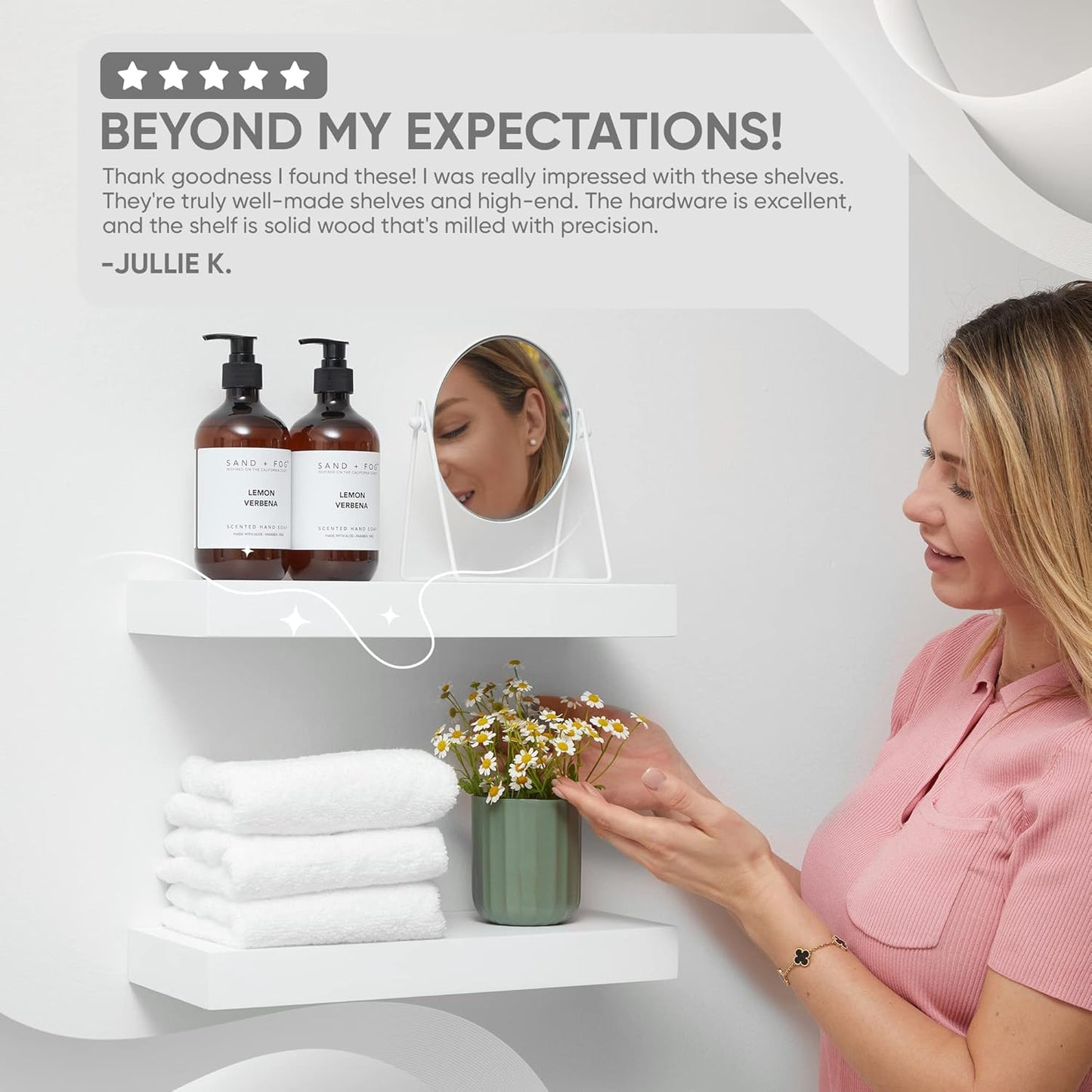 Homeforia White Floating Shelves 16 inch, High End Solid Real Wood 16inch Bathroom Floating Shelf for Wall Mounted, White Wooden 16 Floating Shelves, Heavy Duty Bracket, 16 X 6.5 X 1.75 inch, Set of 2