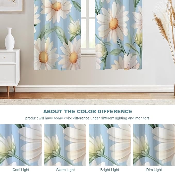 Shrahala Daisies Leaves Thermal Insulated Blackout Window Curtains, White Daisies On Blue Long Drapes for Bedroom/Living Room with Plastic Grommet, 52X63 Set of 2