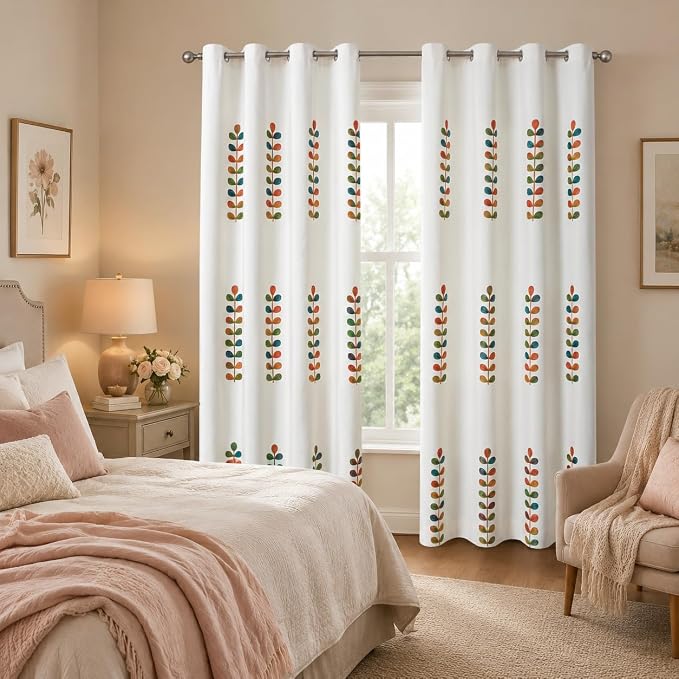 VOGOL Extra Wide Living Room Curtains, 60 x 106 Inches Linen Textured Decorative Drapes for Home Office, Country Style Leaf Pattern Room Divider Window Treatments, 2 Panels, White
