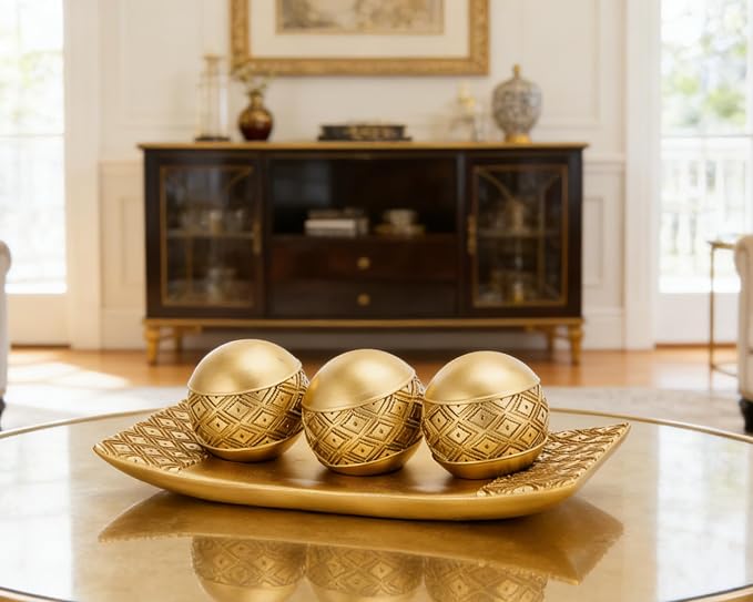 Gold Decorative Orbs with Tray Set, 3Pcs Resin Decorative Balls with Tray, Modern Accent Sphere for Coffee Table, Dining Table, Living Room, Entryway