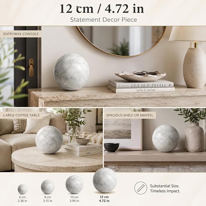 White Marble Decorative Sphere, 12cm Natural Stone Orb | 4.72 in Solid Stone Accent Ball for Console Table, Coffee Table Centerpiece and Entryway Decor