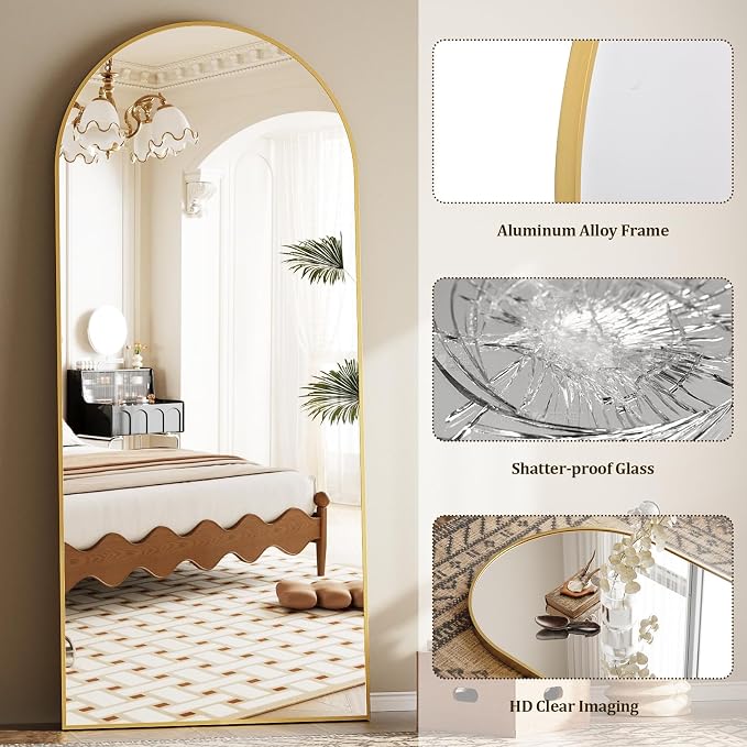 Prywot Full Length Mirror, Oversized 77"x38" Arched-Top Floor Mirror, Free Standing Mirrors, Modern Full Body Mirrors with Aluminum Alloy Frame for Bedroom,Living Room, Gold