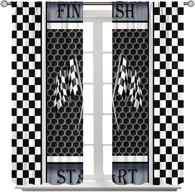 Race Car Flag Curtain,Boy Kid Black White Checkered 9D Grey Honeycomb Modern Geometric Window Curtains Cafe Dining Room Office Living Room Kitchen Bedroom Drapes, 72x63 in