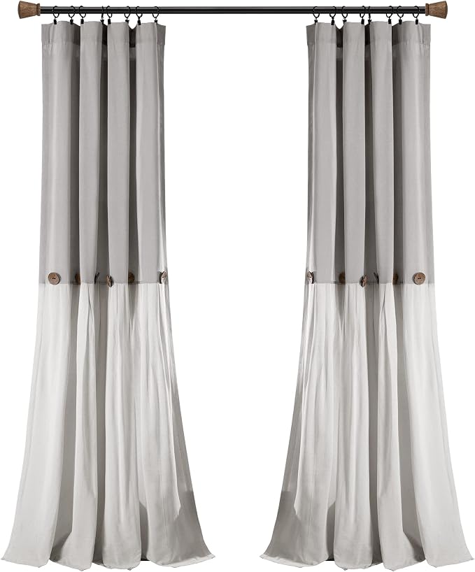 Lush Decor Linen Button Window Curtain Panel, Single, 40" W x 108" L, Gray & Off White - Country Curtains - Rustic Decor - Color Block Modern Farmhouse Curtains For Living Room, Bedroom & Dining Room