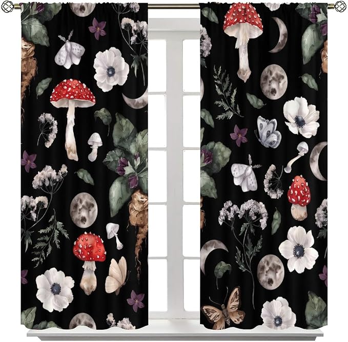 Vintage Mushroom Curtains, Gothic Dark Flowers Botanical Plants Herbs Mushroom Butterfly Moth Print Blackout Window Curtains for Kitchen Bedroom Livingroom, 42" W X 45" L