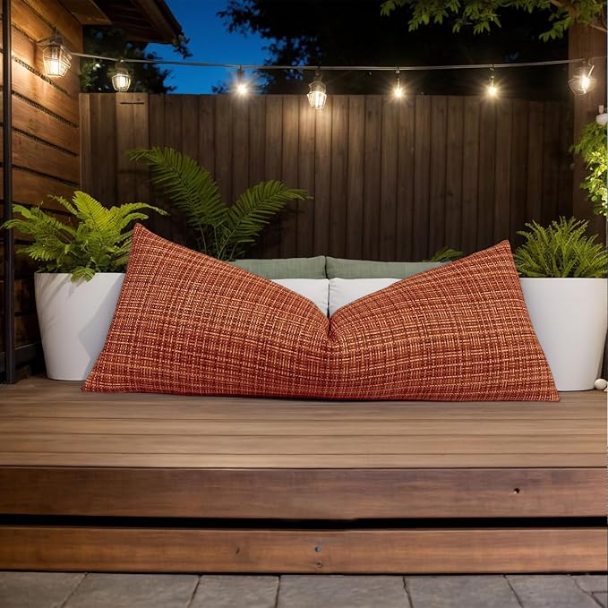 Kevin Textile Outdoor Waterproof Throw Pillow Covers 14x36 Inch Pack of 1 Woven Faux Linen Decorative Water Resistant Long Body Lumbar Cushion Covers for Tent Patio Garden Couch Sofa Burnt Orange