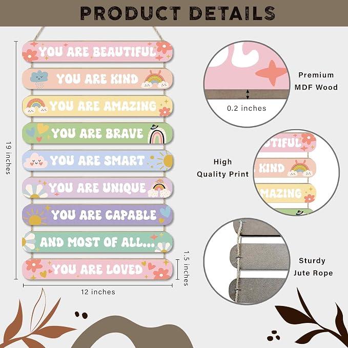 MONALET Pastel Cute Inspirational Motivational Wall Art Decor for Girls Room Nursery Baby Kids Playroom Bedroom Door, Positive Affirmations Hanging Wood Signs Decorations, Girly Wooden Plaque, 12x19