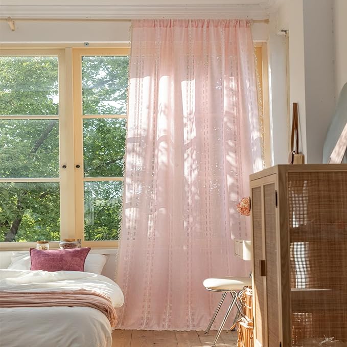 Deeprove Blush Pink Boho Curtain 84 inches Long for Living Room Bedroom, Vintage Bohemian Sheer Cotton Linen 84 inch Floor Length 7 FT Striped Embroidery Privacy Window Tassel W52 x L84, 1 Panel