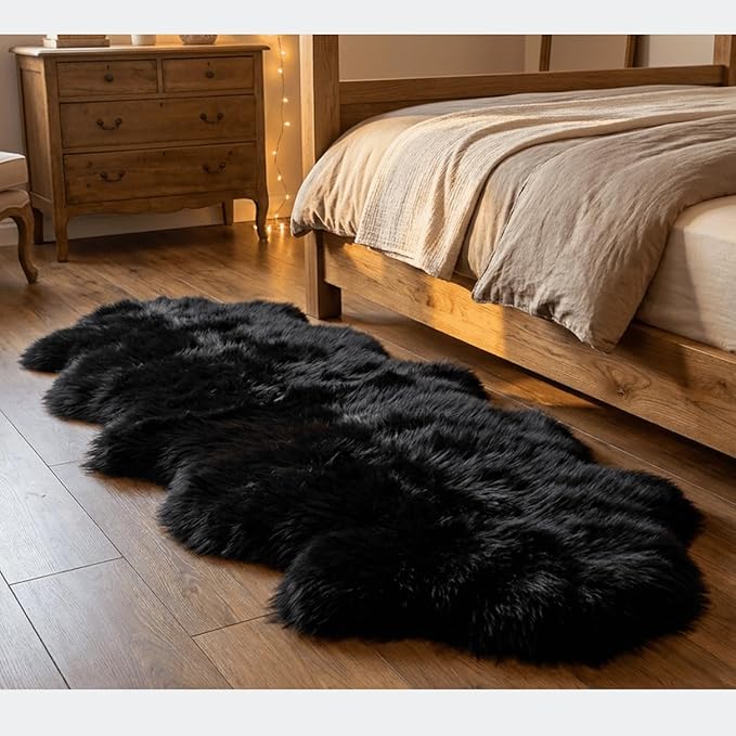 Fluffy Patchwork Sheepskin Rug with Little Patches-Fuzzy Shaggy Fur Genuine Wool Area Carpet for Bedroom Living Room Floor, Pray Pup Mat, Chair Sofa Seat Cover Black 2' x 6'