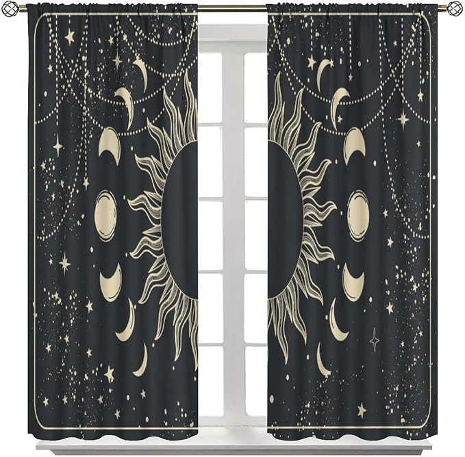 Golden Sun Moon Phases Stars Blackout Curtains, Cosmic Galaxy Bohemian Print Window Drapes, for Bedroom Living Room 55" W X 63" L
