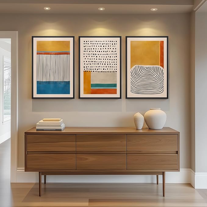 Framed Colorful Abstract Wall Art for Living Room, 3 Piece Mid Century Modern Canvas Paintings Prints Artwork for Walls, Large Modern Triptych Pictures Wall Decor for Bedroom Home Office, 16x24 Inch