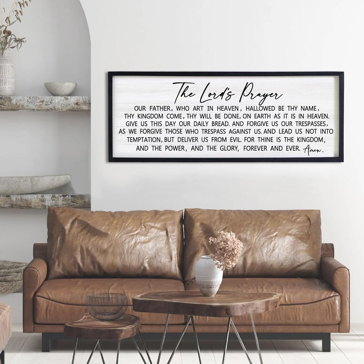 Our Father Prayer Bible Verse Framed Wall Art, 40''×15'' Black Horizontal Religious Christian Lords Prayer Sign for God Jesus Christ Prayer, Rustic Holy Inspirational Catholic Scripture Decor
