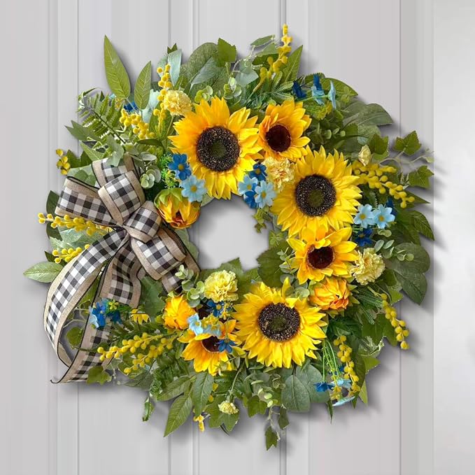 WANNA-CUL 24 Inch Summer Sunflower Wreath Linen Ribbon Front Door Wreath | Classic Farmhouse Door Wreath For Spring,Porch Indoor & Outdoor Mother's Day Decor With Daisies And Buffalo Check Ribbon.