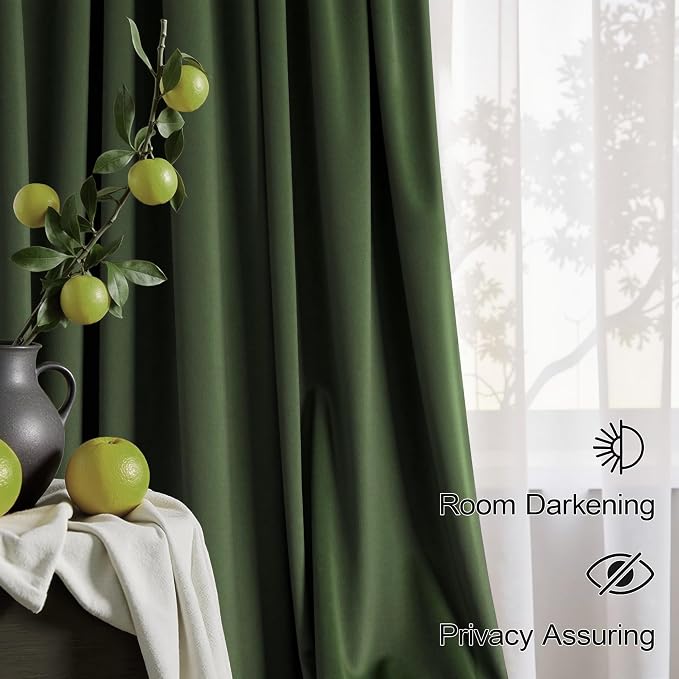 Olive Green Velvet Back Tab Curtains 90 Inches Long 2 Panel for Living Dining Room Rustic Neutral Cottagecore Elegant Heavy Drape Decorative Moss Green Curtain for Bedroom Movie Theater French Country