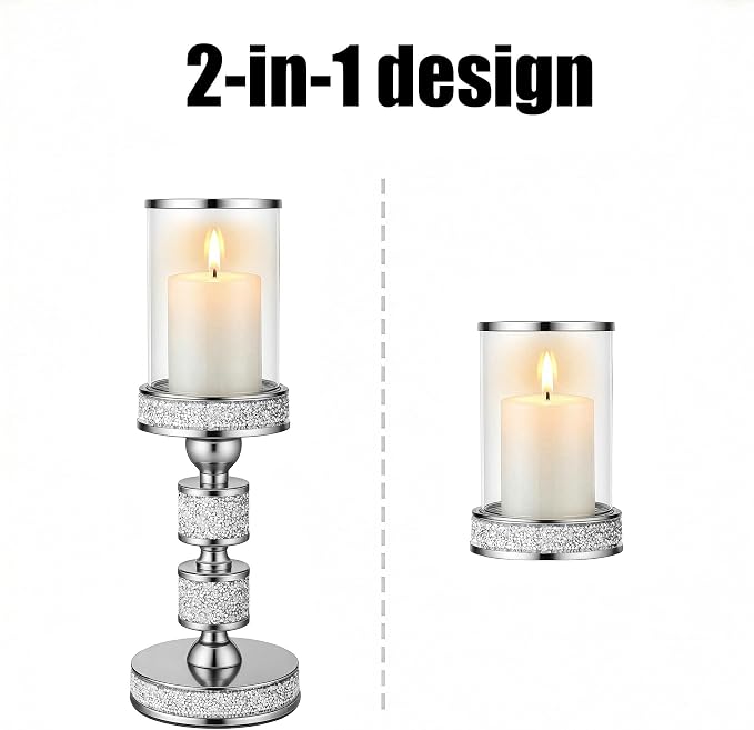 Hurricane Candle Holder, 15.9" Tall Metal Candle Stand, Glass Pillar Candle Holders Crystal Silver Decorative Centerpieces for Table, Wedding and Dining Room (Fits Candles up to 3"x5", 3pcs, S+M+L)