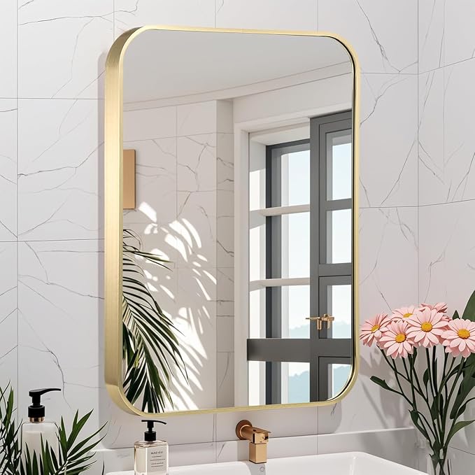 48x30 Inch Gold Bathroom Mirror, Brushed Brass Gold Metal Framed Rectangular Mirror with Rounded Corner, Bathroom Vanity Mirror for Bedroom or Living Room, Horizontal/Vertical