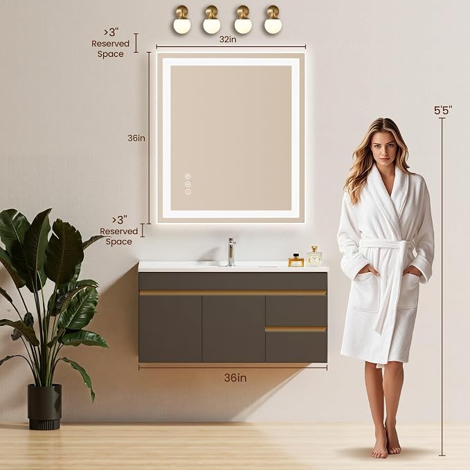 32X36 LED Bathroom Mirror with Lights, Anti-Fog, Backlit + Front Lit (CRI>90), Lighted Bathroom Vanity Mirror for Wall, Memory Function, Dimmable, Tempered Glass, Shatter-Proof