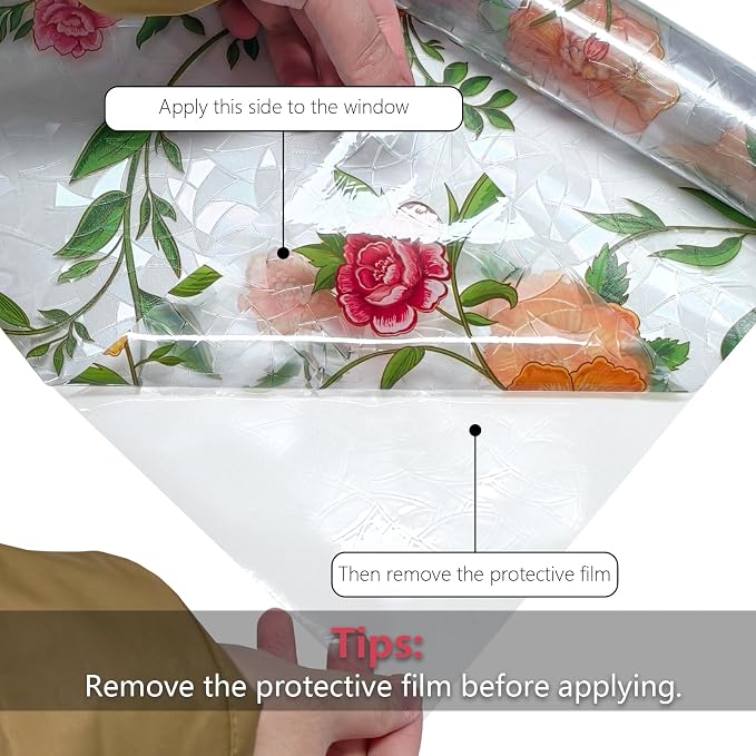 Donox Stained Glass Window Film, Floral Pattern Rainbow Light Decorative Cling, UV Block Privacy Film, Static Cling Removable No Glue for Living Room Home Office, 23.6 x 78.7 Inches