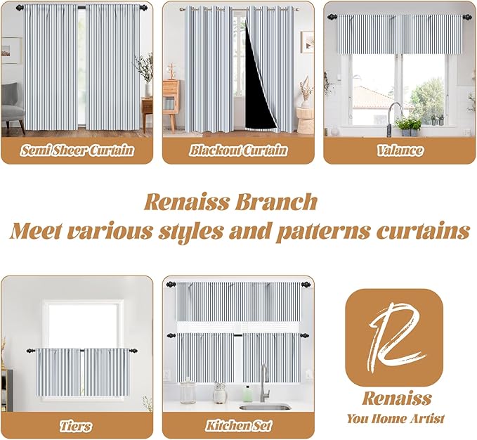 Renaiss 26 x 30 Inch Blue Stripe Kitchen Curtains Heavy Linen Tier Curtain Ticking Stripe Small Curtain for Living Room Bathroom Cafe Small Window Farmhouse Rustic Pinstripe Rod Pocket Drapes 2 Panels