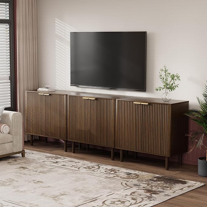 IKALIFE Sideboard Buffet Cabinet with Storage, Modern Fluted Accent Credenza with Doors & Adjustable Shelves, Wood Coffee Bar Console Table for Living Room, Dining Room, Kitchen, Entryway 31.5"Walnut