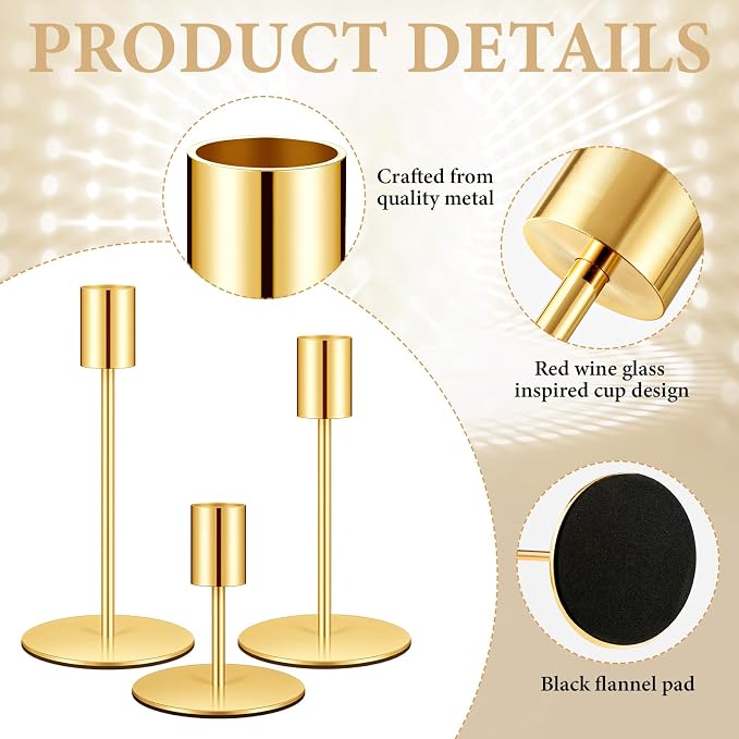 24 Set Candle Holders Bulk with 10'' Dripless Taper Candles 3.3'' 5.5'' 6.3'' Metal Candlestick Holders Vintage Modern Decorative Table Centerpiece for Wedding Birthday Home Decor (Gold)
