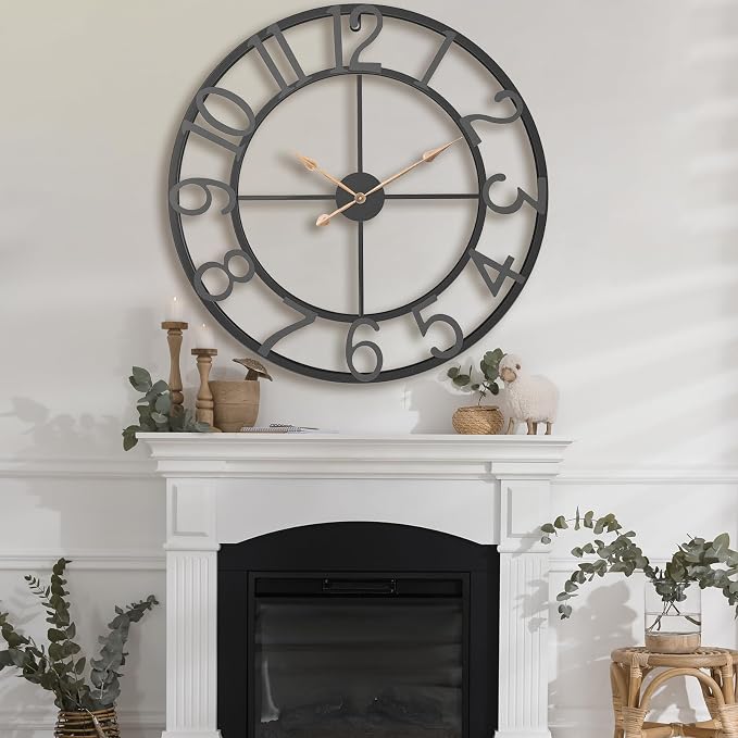36 Inch Extra Oversized Large Giant Modern Decorative Wall Clock,Vintage Industrial Farmhouse Black Metal Big Arabic Numerals Large Clocks for Living Room Decor,Entrance Fireplace,Dining Room
