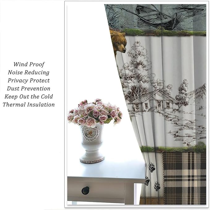 Bear Hunting Blackout Curtains Vintage Country Farmhouse Mountains Lake Forest Lattice Hunting Lodge Bear Deer Wildlife Windows Treatments Rod Pocket for Kitchen Living Room Bedroom 52x84in
