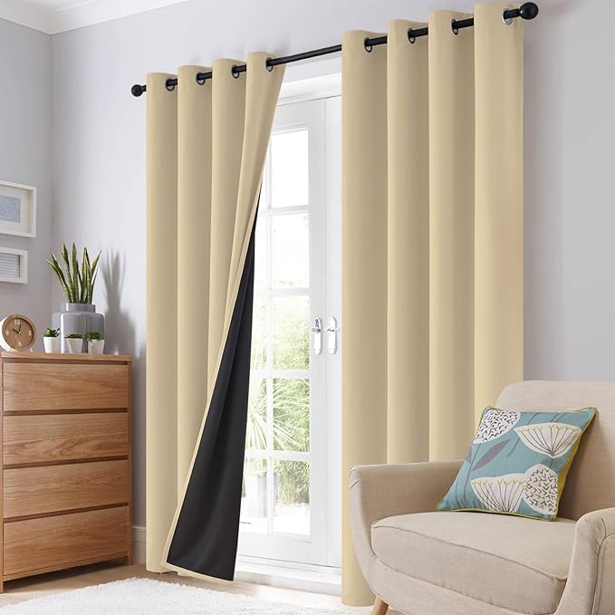 SimpleHome 100% Blackout Curtains for Bedroom,Thermal Insulated Beige Grommet Window Drapes Room Darkening Curtains for Living Room with Black Back,38 x 63 Inch,2 Panels