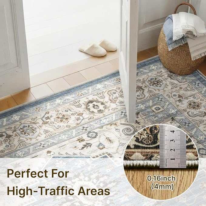 6x9 Area Rug for Living Room-Vintage Farmhouse Boho Floral Washable Stain Resistant Indoor Carpet for Bedroom Office and Home Decor(Floral Blue)