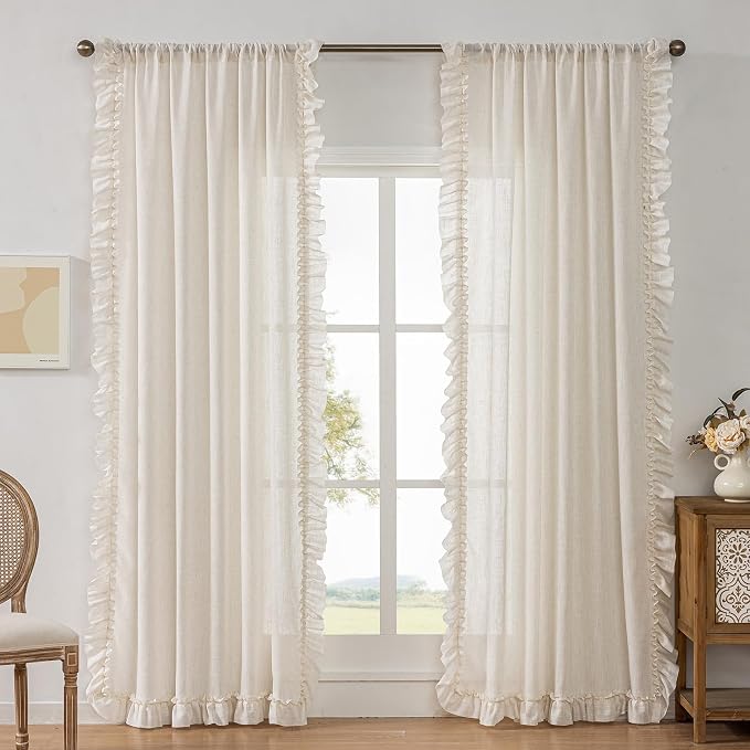 Natural Linen Curtains for Bedroom, 2 Panels W47 x L54 Inch Light Filtering Semi-Sheer Ruffled Curtains Rod Pocket Vintage French Country Shabby Chic Boho Farmhouse Privacy Window Drapes Rouched Edge