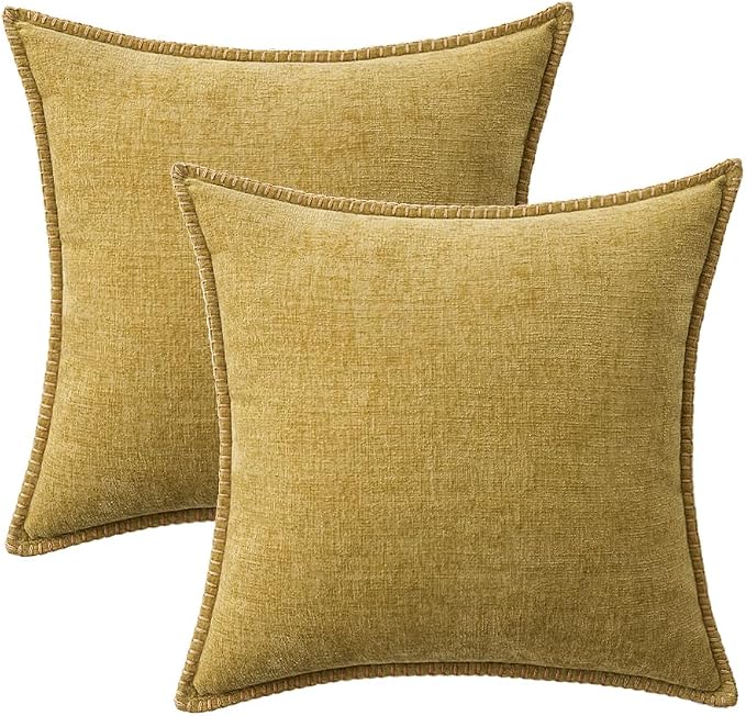 MIULEE Pack of 2 Couch Throw Pillow Covers 18x18 Inch Mustard Yellow Farmhouse Decorative Pillow Covers with Stitched Edge Soft Chenille Solid Dyed Pillow Covers for Sofa Bed Living Room