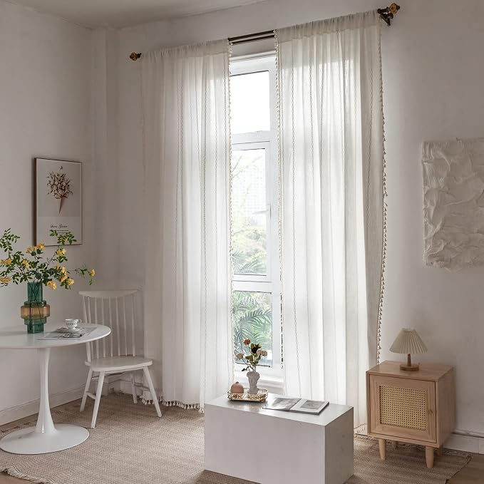 Boho Curtains - Embroidery Linen and Cotton 63 Inch Length 2 Pannels for Living Room, Cream Off White Light Filtering Farmhouse Curtains with Rod Pocket Draperies 52" W x 63" L