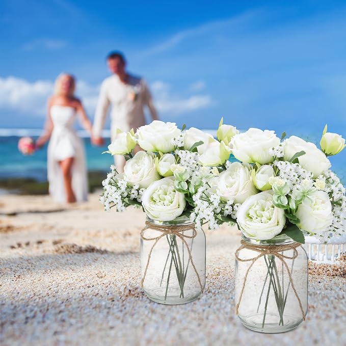 Zeyune 6 Sets Mason Jar Centerpiece Table Decorations, Artificial Peony Baby's Breath Flower Bouquets, Faux Flowers with Vase, Rustic Decor Gifts for Home, Wedding, Holiday (Green)