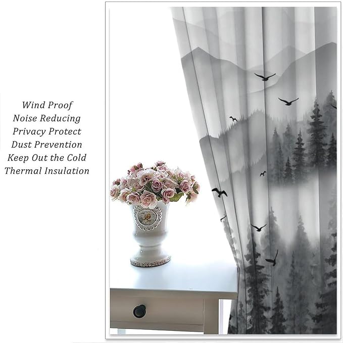 Forest Blackout Curtains for Kitchen Farm Retro Countryside Gray Nature Mist Watercolor Forest Mountains Trees Theme Print Windows Treatments for Boys Girls Bedroom Living Room 42x45in