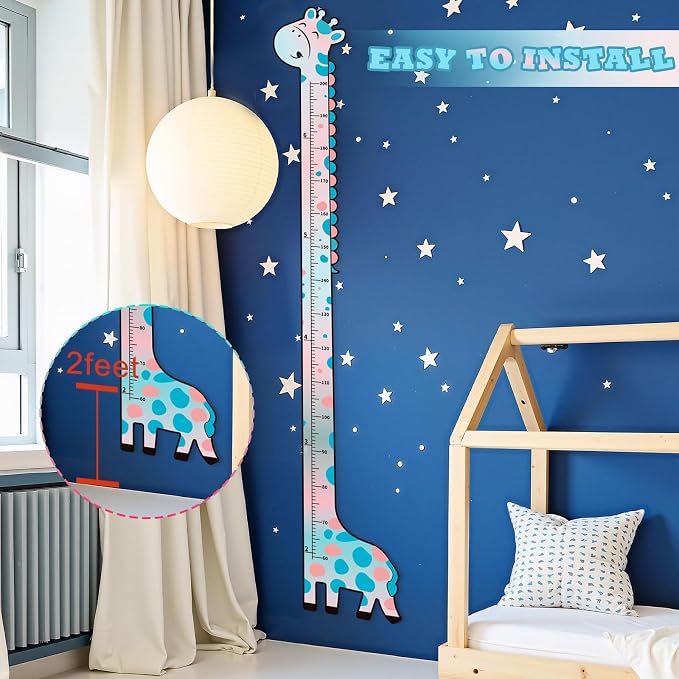 Wooden Growth Chart for Kids,Giraffe Height Chart for Boy Girls,Measuring Board for Kids Height,for Child's Room,Nursery Decor Decoration Wall Art (Blue and Pink Gradient Giraffe)