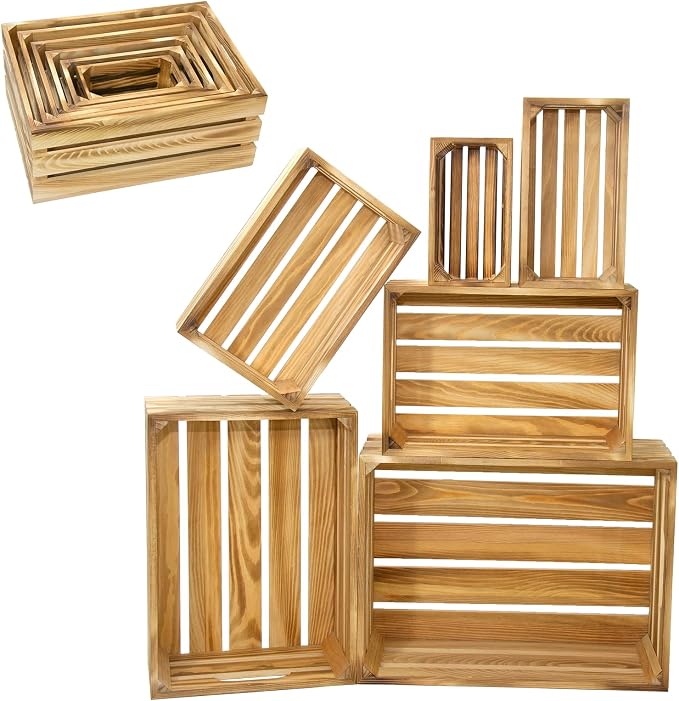 6 Pcs Wooden Crates for Display, Nesting Wood Crate for Storage, 6 Size | Farmhouse Weddings Wooden Basket for Storage Container and Decorations, Rustic Wood Crates for Farmers Market, Birthday, DIY