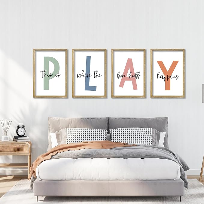 This Is Where The Fun Stuff Happens Kids Playroom Wall Art Decor 16x11 Inch Set Of 4 Rustic Kids Wood Framed Sign Toddler Modren Nursery Interesting Let's Play Prints Wall Hanging (Wood)