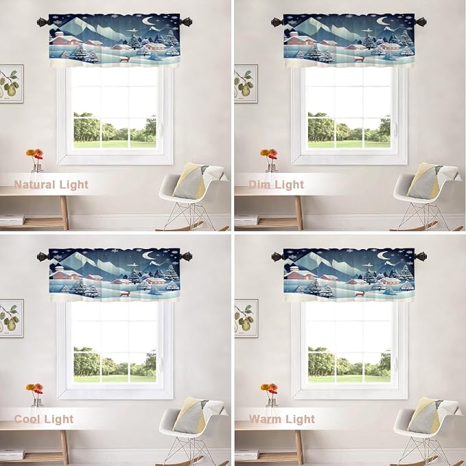 Shrahala Winter Snow Landscape Blackout Short Curtains for Windows, Snowy Tree Fields Houses Hills Kitchen Valance Thermal Insulated Rod Pocket Window Treatment for Bathroom 2 Pack 52 X 16 in