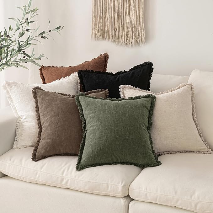 MIULEE Decorative Throw Pillow Covers Neutral Linen Fringe Throw Pillows Set of 2 Cocoa Brown Boho Farmhouse Cushion Covers for Couch Sofa Bed Living Room Fall Home Decor 16x16 Inch