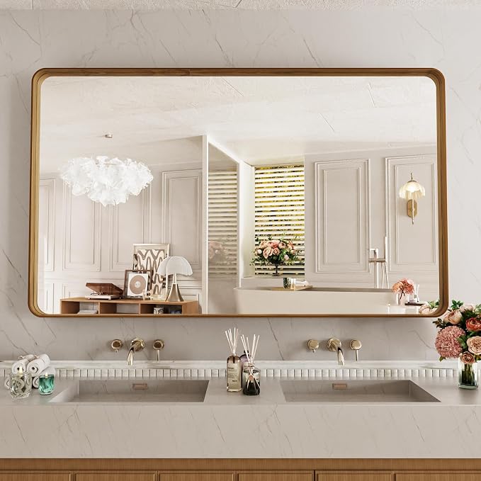 LOAAO 60X36 Inch Bathroom Mirror with Wood Grain Colored Metal Frame, Rounded Rectangle Metal Framed Bathroom Mirror, Anti-Rust, Hangs Horizontally or Vertically, Tempered Glass